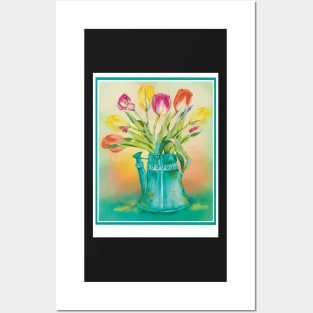 Lovely fresh colorful tulips in an vintage watering can, water color Posters and Art